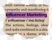 Influencer marketing png word sticker, torn paper dictionary, transparent background