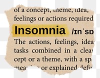 Insomnia png word sticker, torn paper dictionary, transparent background