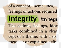 Integrity png word sticker, torn paper dictionary, transparent background