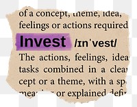 Invest png word sticker, torn paper dictionary, transparent background