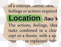 Location png word sticker, torn paper dictionary, transparent background