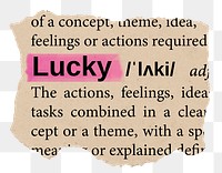 Lucky png word sticker, torn paper dictionary, transparent background