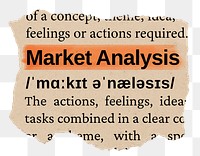 Market analysis png word sticker, torn paper dictionary, transparent background