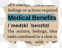 Medical benefits png word sticker, torn paper dictionary, transparent background