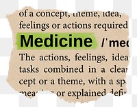 Medicine png word sticker, torn paper dictionary, transparent background