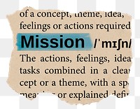 Mission png word sticker, torn paper dictionary, transparent background