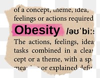 Obesity png word sticker, torn paper dictionary, transparent background