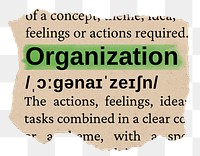 Organization png word sticker, torn paper dictionary, transparent background