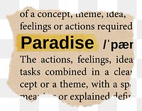 Paradise png word sticker, torn paper dictionary, transparent background