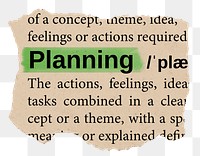 Planning png word sticker, torn paper dictionary, transparent background