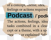 Podcast png word sticker, torn paper dictionary, transparent background