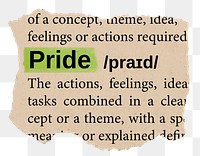 Pride png word sticker, torn paper dictionary, transparent background