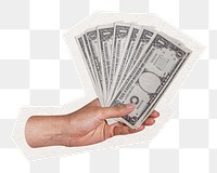 Png hand holding cash sticker, cut out paper design, transparent background