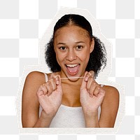 Png woman flossing teeth sticker, cut out paper design, transparent background