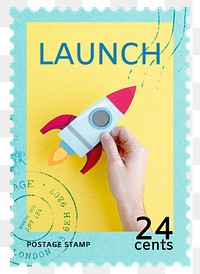 Rocket launch png post stamp sticker, business stationery, transparent background