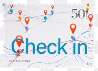 Check in png post stamp sticker, travel stationery, transparent background