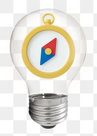 Direction compass png, 3D lightbulb digital sticker in transparent background