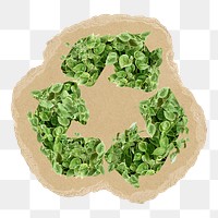 Green recycling symbol png sticker, torn paper transparent background