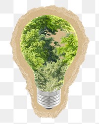 Png green energy light bulb sticker, torn paper transparent background