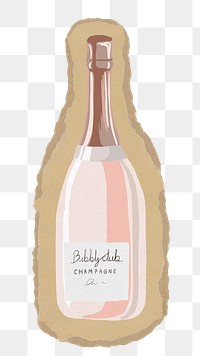 Champagne bottle png sticker, torn paper transparent background