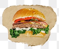 Burger png food sticker, ripped paper, transparent background