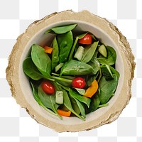Salad bowl png food sticker, ripped paper, transparent background