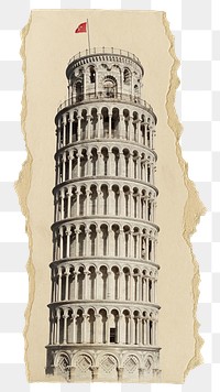 Leaning Tower png sticker, Italy landmark, ripped paper, transparent background