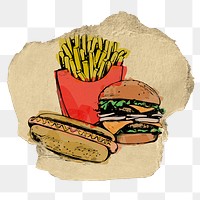 Burger, hotdog png fries food sticker, ripped paper, transparent background