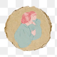 Mother and toddler png sticker, ripped paper, transparent background, famous artwork remixed by rawpixel