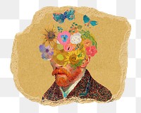  Png floral Van Gogh portrait sticker, ripped paper, transparent background, famous artwork remixed by rawpixel