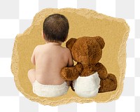 Baby, teddy bear png sticker, ripped paper, transparent background