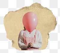 Girl holding balloon png sticker, ripped paper, transparent background