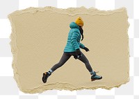 Winter woman walking png sticker, ripped paper, transparent background