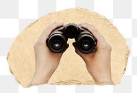 Binoculars hands png sticker, ripped paper, transparent background