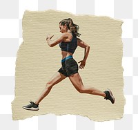 Running woman png sticker, ripped paper, transparent background