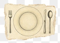 Plate and cutlery png sticker, ripped paper, transparent background