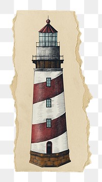 Vintage lighthouse png sticker, ripped paper, transparent background