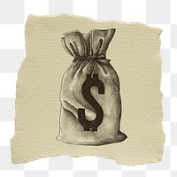 Money bag png sticker, ripped paper, transparent background