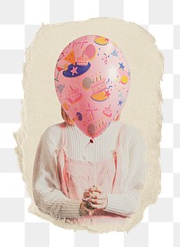 Girl holding balloon png sticker, ripped paper, transparent background