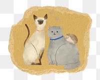 Cute cats illustration png sticker, ripped paper, transparent background