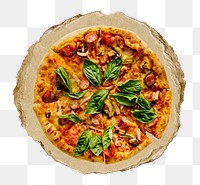 Homemade pizza png sticker, ripped paper, transparent background