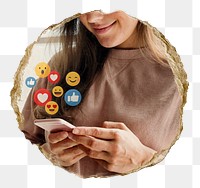 Woman texting png sticker, ripped paper, transparent background