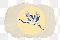 Flying crane bird png sticker, ripped paper, transparent background