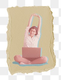 Stretching employee png sticker, ripped paper, transparent background