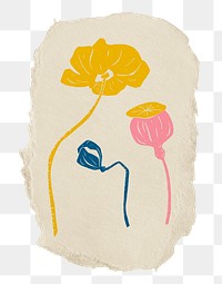 Aesthetic flowers png sticker, ripped paper, transparent background