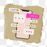 Smartphone chat screen png sticker, ripped paper, transparent background