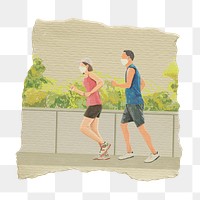 Couple running png sticker, ripped paper, transparent background