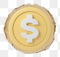 3D dollar coin png sticker, ripped paper, transparent background