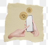 Bitcoin hand png sticker, ripped paper, transparent background