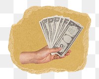 Hand holding money png sticker, ripped paper, transparent background